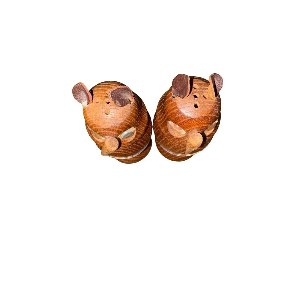 Vintage Wooden Owl Salt & Pepper Shakers 1960s Glass Eyes & Felt Ears Japan MCM